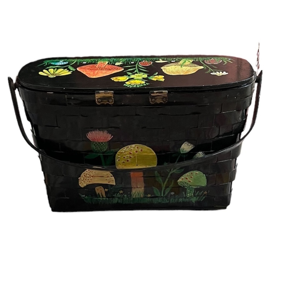 Vintage Wooden Sewing Basket Purse Hinged Top Hand‎ Painted Folk Art Black